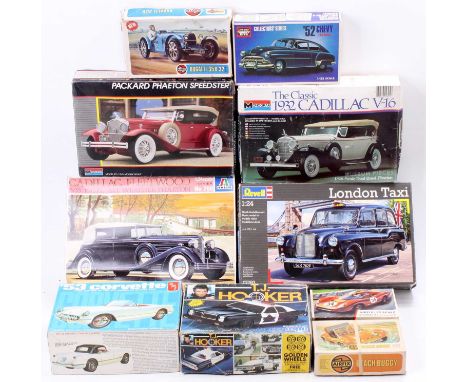 10 various 1/24th and 1/32nd scale car kits, with specific examples to include a Monogram 1932 Cadillac V-16, an AMT '53 Corv