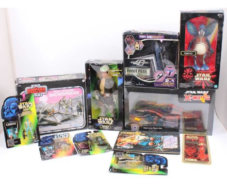 One box containing a collection of modern release Star Wars themed toys and games to include a reproduction Kenner 27645 Rebe