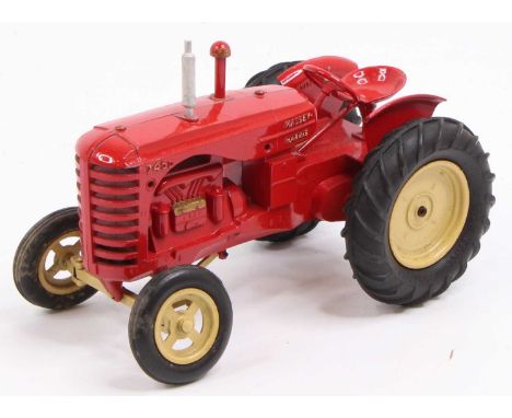 A Moko Massey Harris 745D tractor comprising of red body with yellow hubs and replacement exhaust stack, good clean condition
