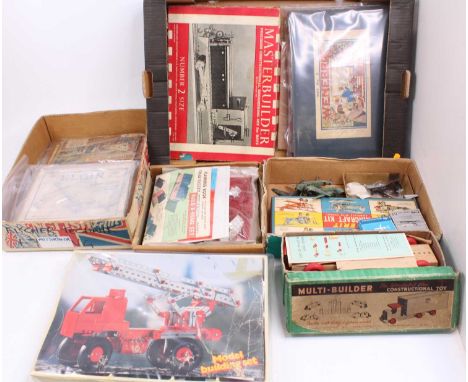 Three boxes containing a collection of mixed tin plate, plastic, wooden, and metal construction gift sets, and associated toy