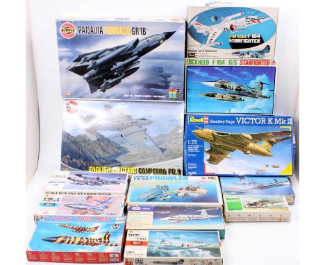 A box containing 13 Cold War era aircraft kits with examples including an Airfix 1/48th scale English Electric Canberra PR.9,