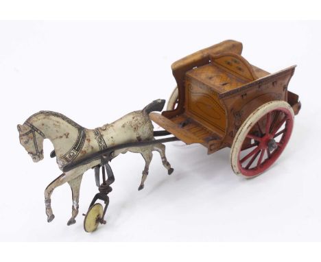 G and K, Greppert and Kelch tinplate and clockwork horse drawn wagon, comprising of yellow and black lined wagon with red spo