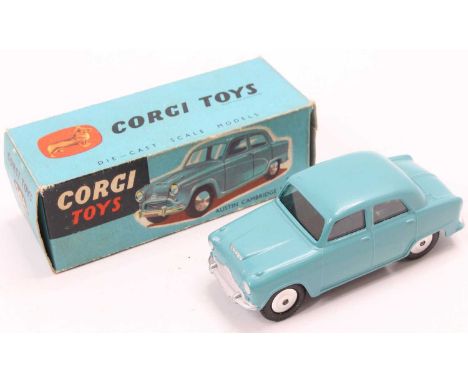 Corgi Toys No. 201 Austin Cambridge Saloon, pale blue body with flat spun hubs, in the original all-card blue box with leafle