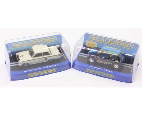 2 Scalextric 1/32nd scale cars comprising No. C2913 Jim Clark's Ford Lotus Cortina with racing number 71, and No. C3428 Mini 