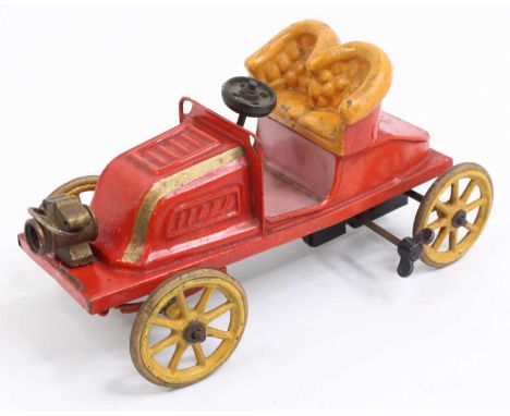 Bing of Germany, Circa 1906 "De Dion" style 2 seater car, comprising red body with gold detailing, yellow seats, yellow spoke