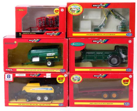 Britains 1/32nd scale boxed farming group of 6, with examples including No. 42080 Samson Manure Spreader, No. 40935 Twin Axle