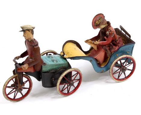 Lehmann No.470 "Nanni The Anxious Bride" tinplate clockwork Tricycle and Trailer, very rare example, comprising dark/light bl