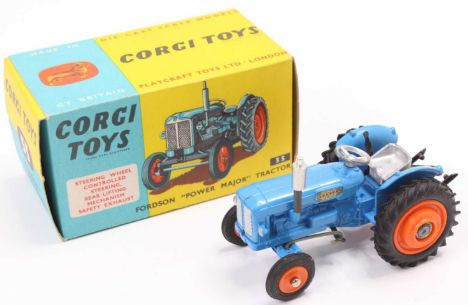 Corgi Toys No. 55, Fordson Power Major Tractor, blue body with orange hubs, housed in the original card box (VNMM-BNMM)