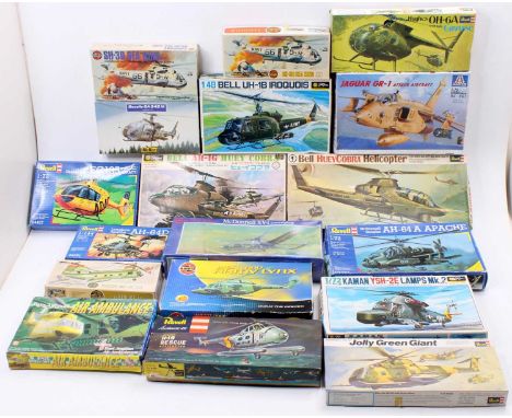 A collection of 18 mixed mostly Helicopter Kits with examples including a Revell 1/144th scale Longbow Apache, a Revell 1/32n