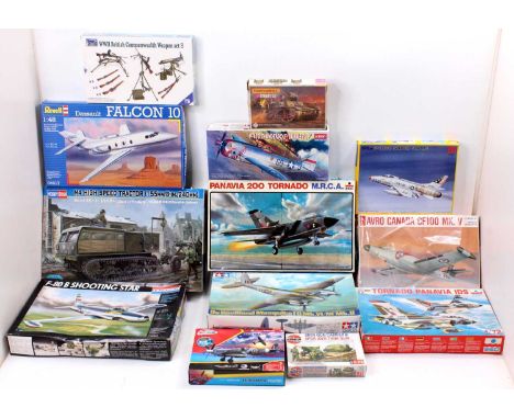 One box containing 13 various boxed plastic military themed kits to include Hobby Boss, Tamiya, Esci, and others, specific ex