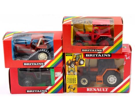 Britains 1/32nd scale boxed tractor group of 4 comprising No. 9521 Volvo, No. 9527 Fiat Half-Track, No. 9529 Massey Ferguson,