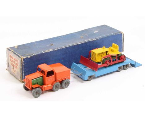 Moko Lesney Toys large scale Prime Mover with Low Loader Trailer &amp; Caterpillar Bulldozer load - orange Prime Mover with w