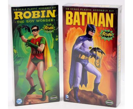 A Moebius Models 1/8 scale Batman related plastic kit group to include Batman and Robin The Boy Wonder, both housed in the or