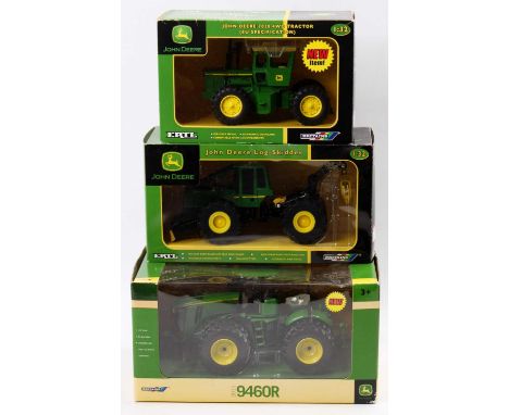 ERTL Britains 1/32nd scale boxed group of 3 John Deere models comprising a 7020 4WD Tractor (EU Specification), a Log Skidder