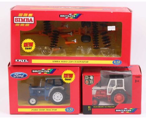 A collection of three boxed Britains 1/32 scale farming implements and tractors to include a No. 43154 David Brown 1412 tract