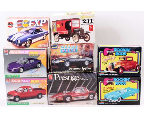 8 various 1/24th and 1/25th scale plastic car kits, with specific examples to include an Airfix Ford EXP, a Revell Daytona Sp