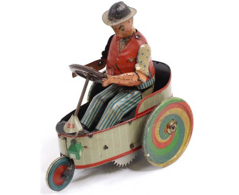Lehmann (Germany) tinplate and clockwork No.503 Peter 3 wheel car, comprising of grey and red body with driver figure, with s