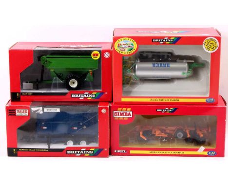 Britains 1/32nd scale boxed group of 4 farming implements comprising No 40996 Simba Solo 330 Cultivator, No. 40797 Marston Si