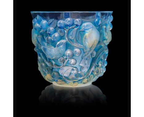 René Lalique (French 1860-1945) AVALLON VASE, NO. 986  designed 1927opalescent, and blue stainedwheel-engraved R. LALIQUE FRA