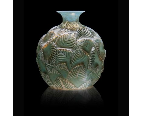 René Lalique (French 1860-1945) ORMEAUX VASE, NO. 984  designed 1926cased opalescent, and blue-green stainedengraved R. Laliq