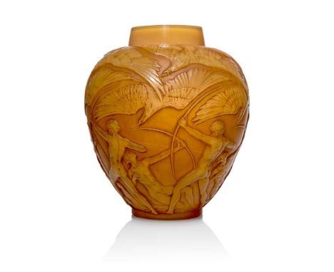 René Lalique (French 1860-1945) ARCHERS VASE, NO. 893  designed 1921double cased butterscotch, and sepia stainedmoulded R. LA