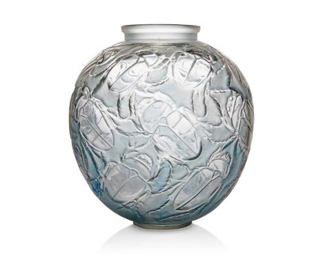 ‡ René Lalique (French 1860-1945) GROS SCARABÉES VASE, NO. 892  designed 1923clear, frosted and blue stainedstencilled R. LAL