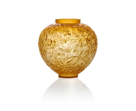 René Lalique (French 1860-1945) GUI VASE, NO. 948  designed 1920butterscotch, and slightly grey stainedmoulded R. LALIQUE, en