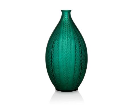 René Lalique (French 1860-1945) ACACIA VASE, NO. 949  designed 1921greenmoulded R. LALIQUE, engraved R. Lalique  Dimensions:2