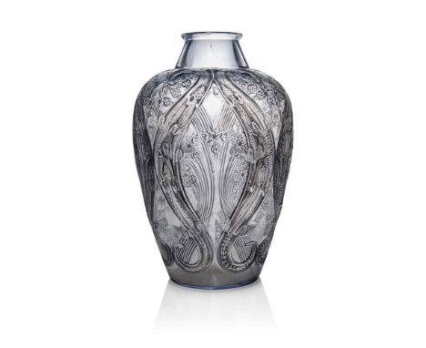 René Lalique (French 1860-1945) LÉZARDS ET BLUETS VASE, NO. 879  designed 1913pale blue, and blue stainedmoulded R. LALIQUE, 