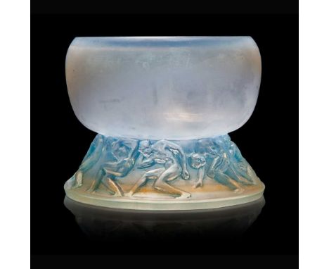 René Lalique (French 1860-1945) LUTTEURS VASE, NO. 890  designed 1914opalescent, and blue stainedengraved R. Lalique France N