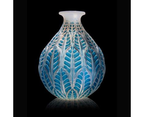 René Lalique (French 1860-1945) MALESHERBES VASE, NO. 1014  designed 1927cased opalescent, and blue stainedstencilled R. LALI