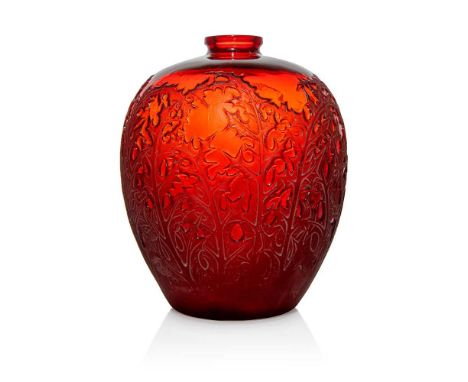 René Lalique (French 1860-1945) ACANTHES VASE, NO. 902  designed 1921red, with yellow casing, and white stainedmoulded R. LAL