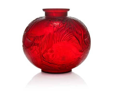 René Lalique (French 1860-1945) POISSONS VASE, NO. 925  designed 1921red with orange casing, and white stainedmoulded R. LALI