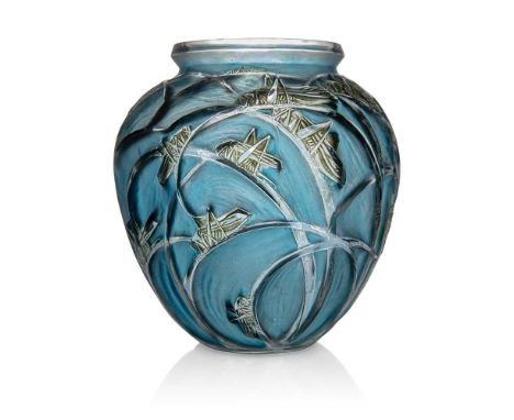 René Lalique (French 1860-1945) SAUTERELLES VASE, NO. 888  designed 1912clear, frosted, blue and green stainedengraved R. Lal