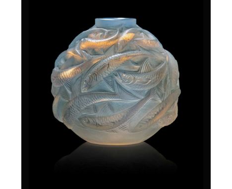René Lalique (French 1860-1945) OLERON VASE, NO. 1008  designed 1927cased opalescent, and blue stainedengraved R. Lalique Fra