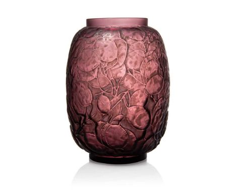 René Lalique (French 1860-1945) MONNAIE DU PAPE VASE, NO. 897  designed 1914plum, and blue stainedintaglio R. LALIQUE   Dimen