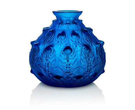 René Lalique (French 1860-1945) FOUGÈRES VASE, NO. 923  designed 1912electric blue, and white stainedmoulded R. LALIQUE, engr