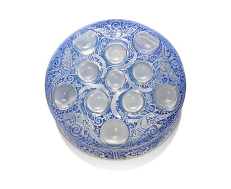 ‡ René Lalique (French 1860-1945) ROGER BOX, NO. 75  designed 1926opalescent and blue stainedcover moulded LALIQUE, base engr