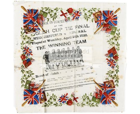 A rare souvenir of the Arsenal 1930 F.A. Cup Final team in the form of a paper napkin,Colour borders incorporating Union Jack