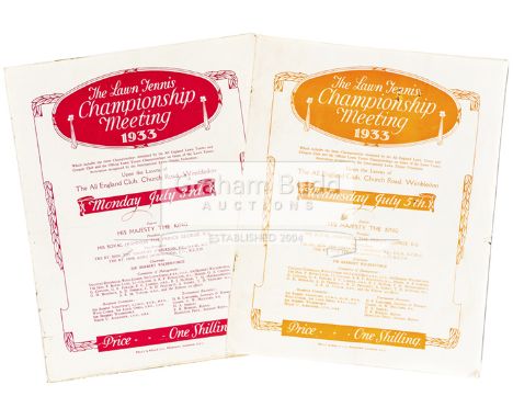 1933 Wimbledon programmes for Tuesday 27th June and 3rd & 5th July,sold together with trim cards of Men's champion Jack Crawf