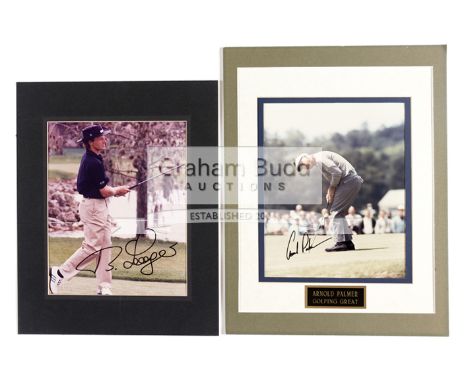 A group of four signed photographs of champion golfers,comprising Arnold Palmer, with COA; Bernhard Langer, with COA; Tiger W