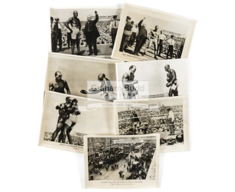 A fine group of seven photographs of the famous Jack Johnson v Jim Jeffries Heavweight Championship boxing bout at Reno, Neva