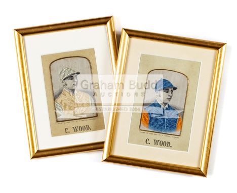 Two stevengraphs of the Victorian jockey Charles Wood,silk woven portraits published by Thomas Stevens of Coventry, the first
