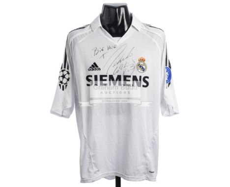 Roberto Carlos signed Real Madrid white No.3 jersey, from the UEFA Champions League Round of 16 ties v Arsenal FC, played in 