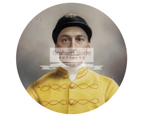 A hand coloured portrait of Bernard "Brownie" Carslake,wearing yellow and orange embroidered silks with cap, mounted in a cir