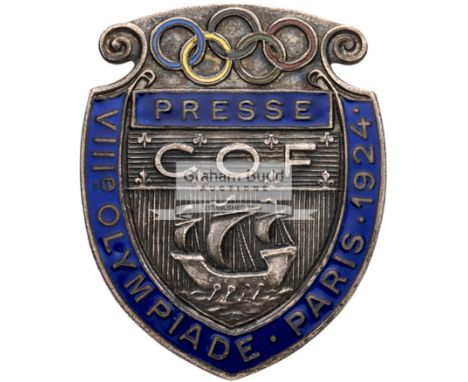 1924 Paris Olympic Games Official Press Badge,The shield shaped badge with Olympic Rings above blue enamel inscribed VIII OLY