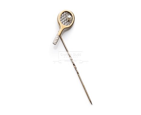 9ct. gold tennis racquet lapel pin with pearl, in original fitted box for London retailer Michael Rose, Burlington Arcade, Pi