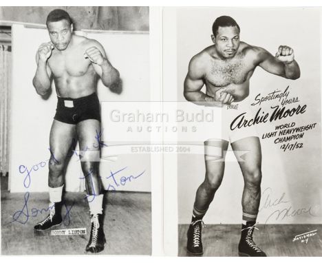 Autographed photographs of the champion boxers Sonny Liston & Archie Moore,b&w portrait cards in boxing poses, signatures in 