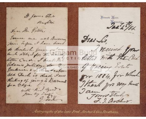 The autographs of the 19th century jockeys Fred Archer and George Fordham,in the form of two manuscript letters, Archer's let