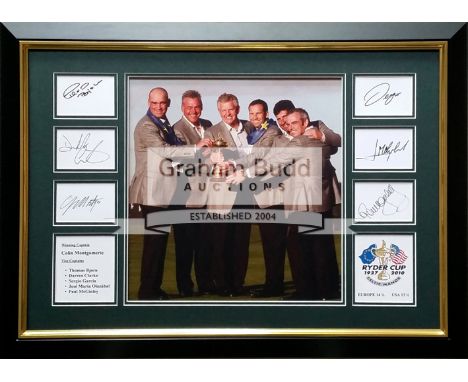 2010 Ryder Cup European captains autographed display,stunningly mounted & framed are six signed cards of captain Colin Montgo